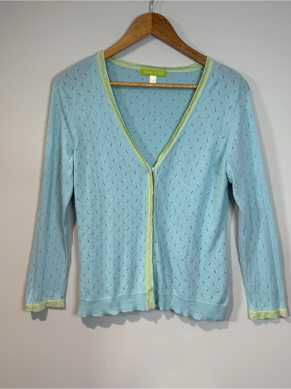 Sigrid Olson Womenโs Blue Pointelle Cardigan V Neck Green Trim Silk Cotton M